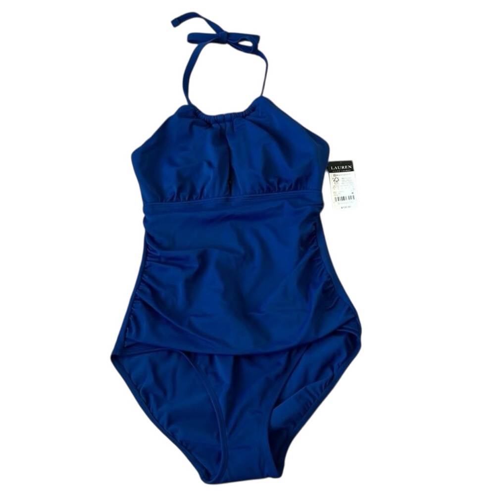 NWT $135 LAUREN Ralph Lauren Plus Sz 14 Sapphire Blue One‎ Piece Swimsuit Halter